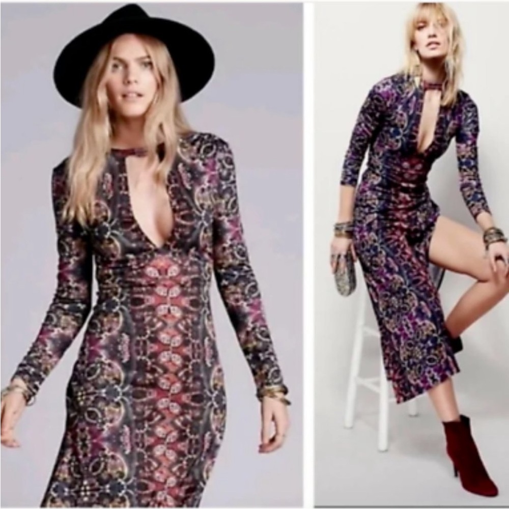 Free People Cabaret Maxi Dress Sunrise Combo Kaleidoscope Print Keyhole Small